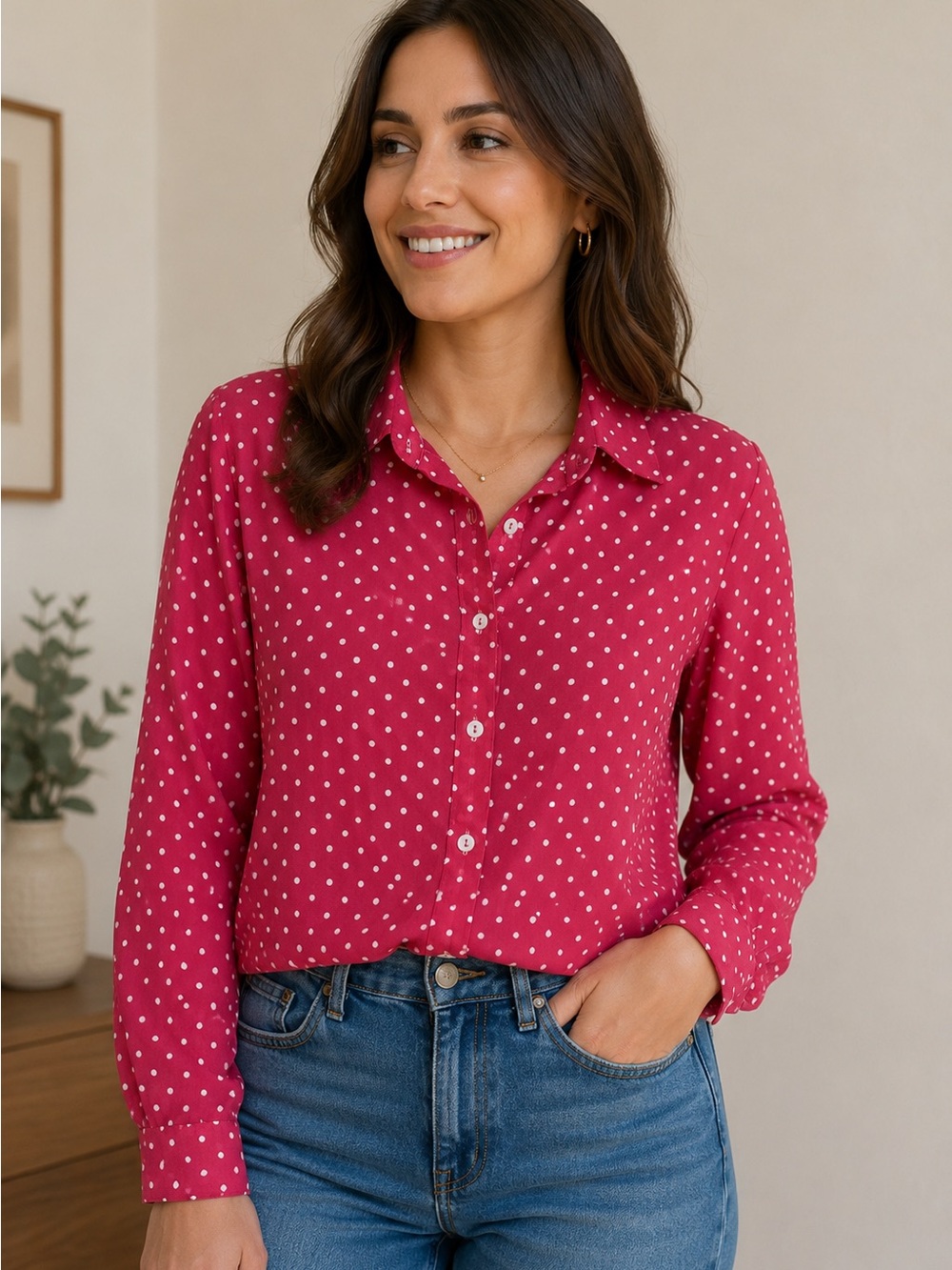 Bright Pink Polka Dot Button-Front Blouse